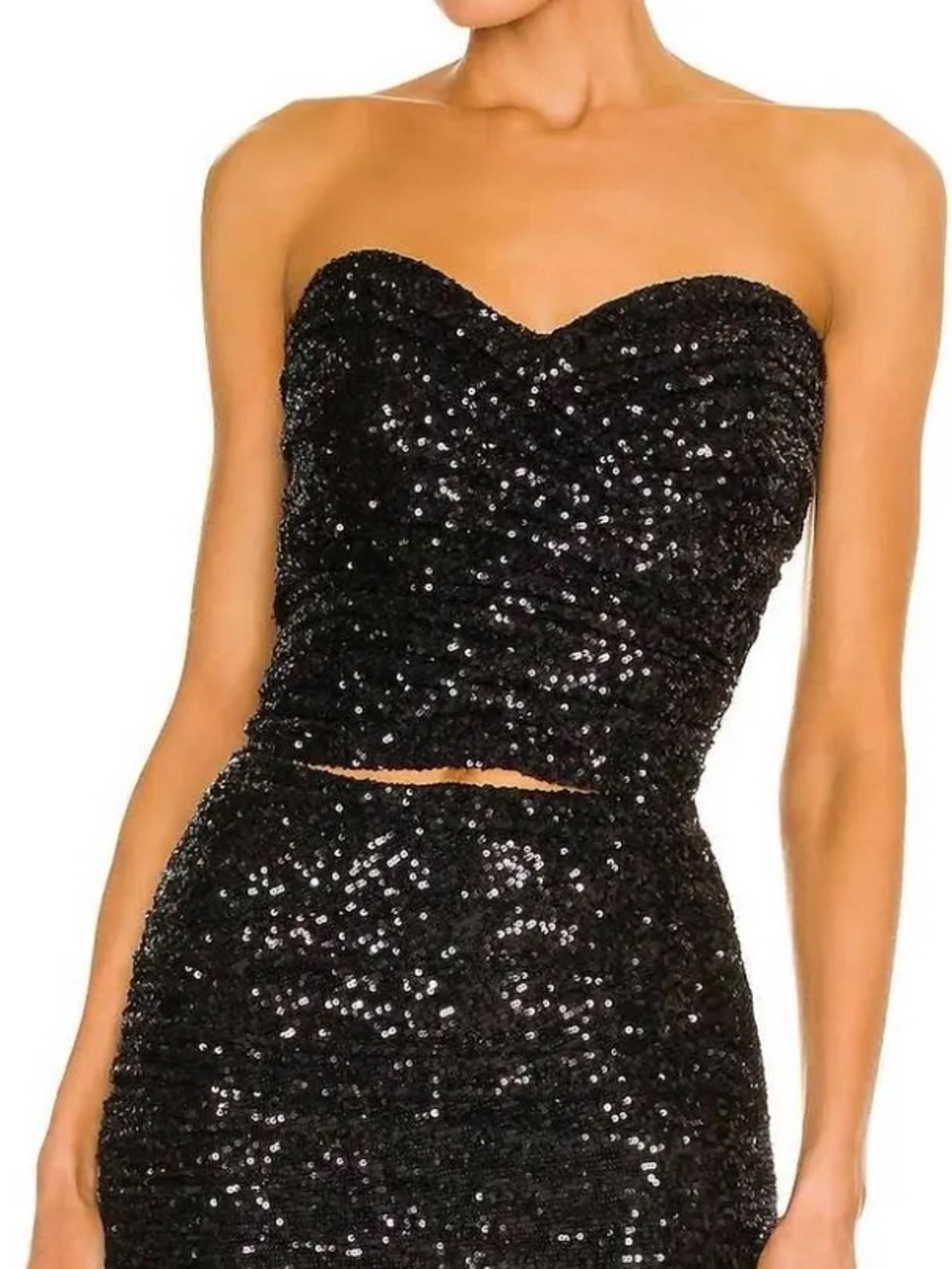 NWT Ronny Kobo Milan Ruched Black Sequin Strapless Crop Top